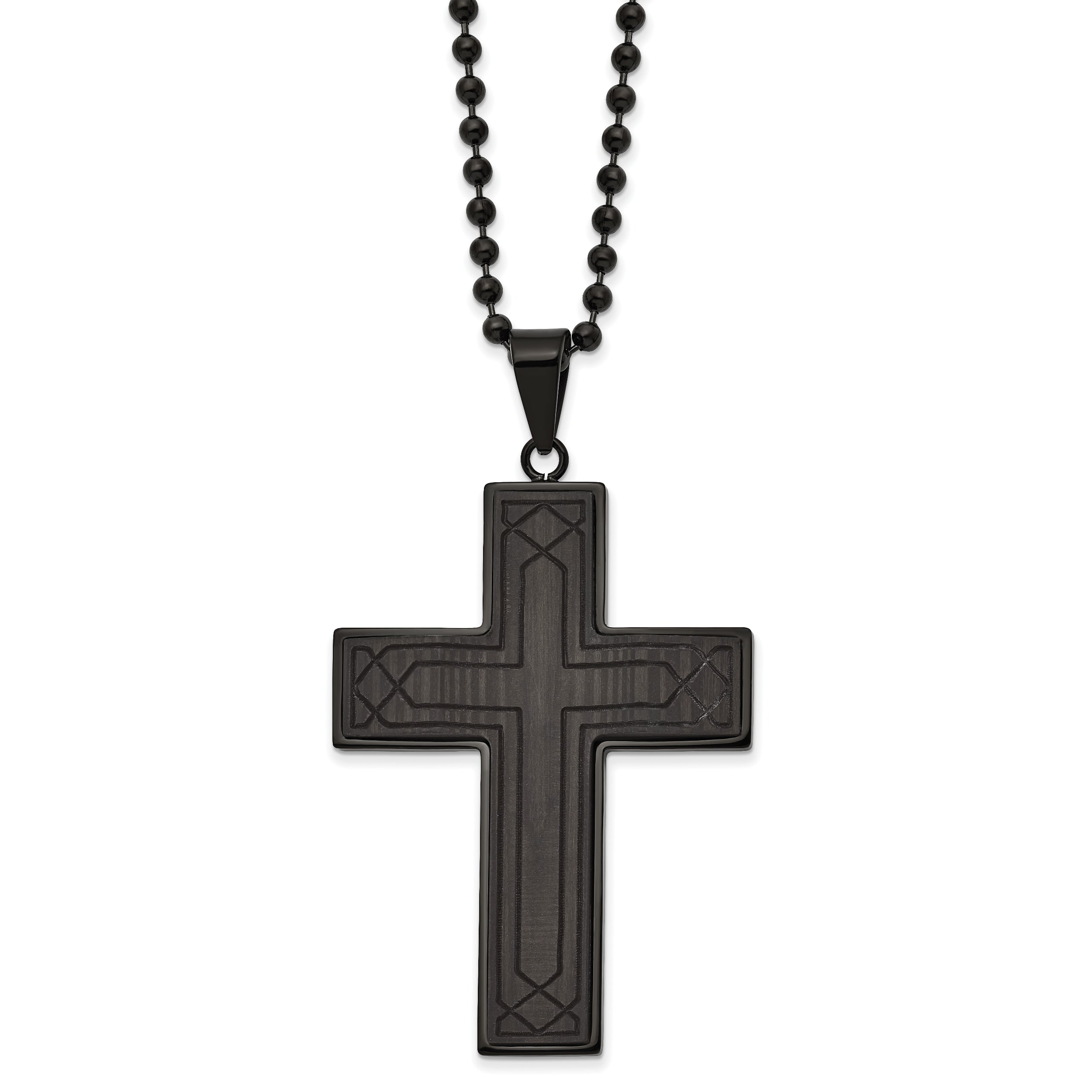 Chisel Stainless Steel Polished Black IP-plated Solid Black Carbon Fiber Cross Pendant on a 24 inch Ball Chain Necklace