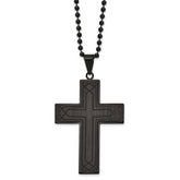 Chisel Stainless Steel Polished Black IP-plated Solid Black Carbon Fiber Cross Pendant on a 24 inch Ball Chain Necklace