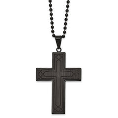 Chisel Stainless Steel Polished Black IP-plated Solid Black Carbon Fiber Cross Pendant on a 24 inch Ball Chain Necklace