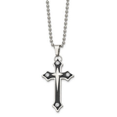 Chisel Stainless Steel Polished Black IP-plated with CZ Cross Pendant on a 20 inch Ball Chain Necklace