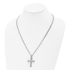 Chisel Stainless Steel Polished and Textured Yellow IP-plated Cross Pendant on a 22 inch Curb Chain Necklace