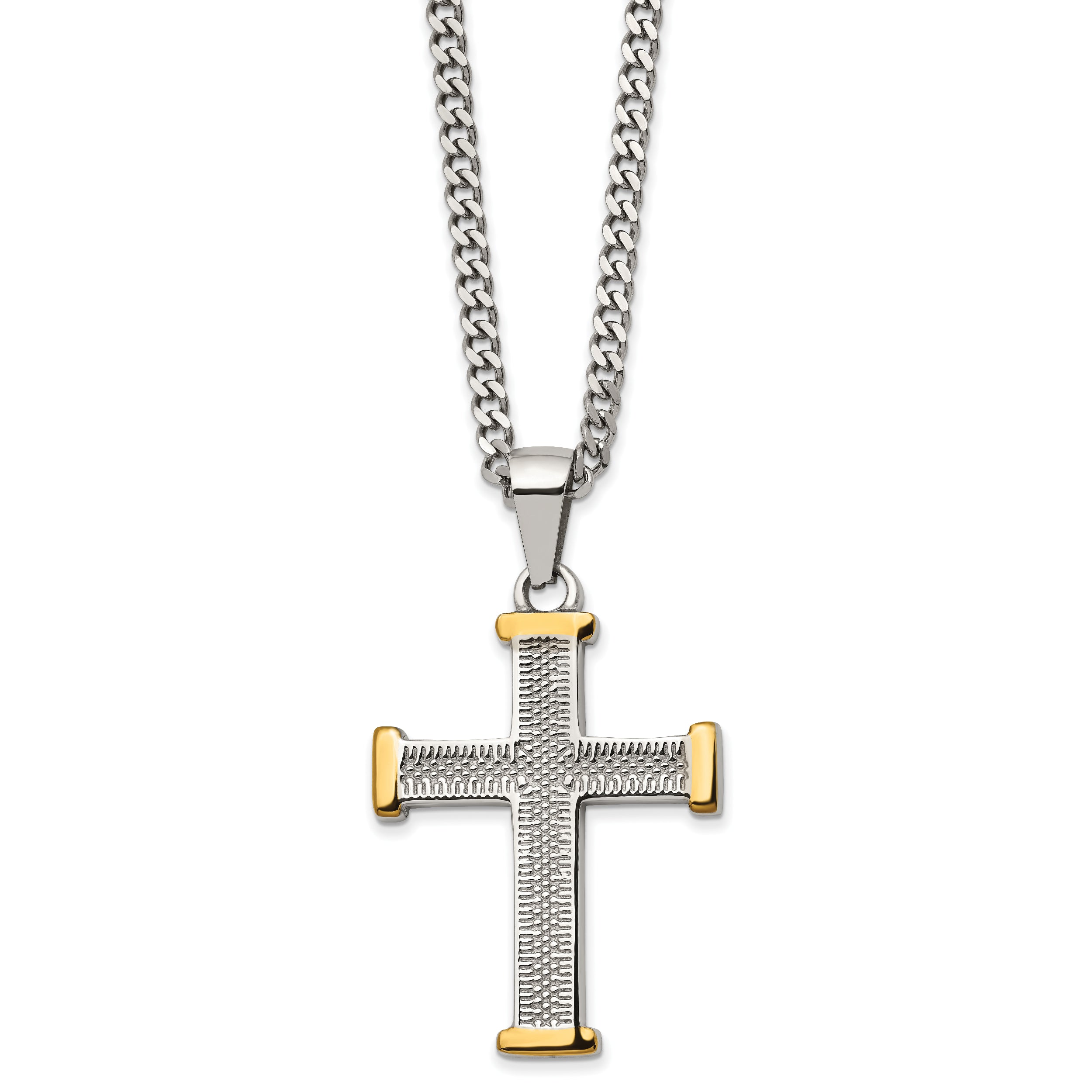 Chisel Stainless Steel Polished and Textured Yellow IP-plated Cross Pendant on a 22 inch Curb Chain Necklace