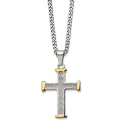 Chisel Stainless Steel Polished and Textured Yellow IP-plated Cross Pendant on a 22 inch Curb Chain Necklace