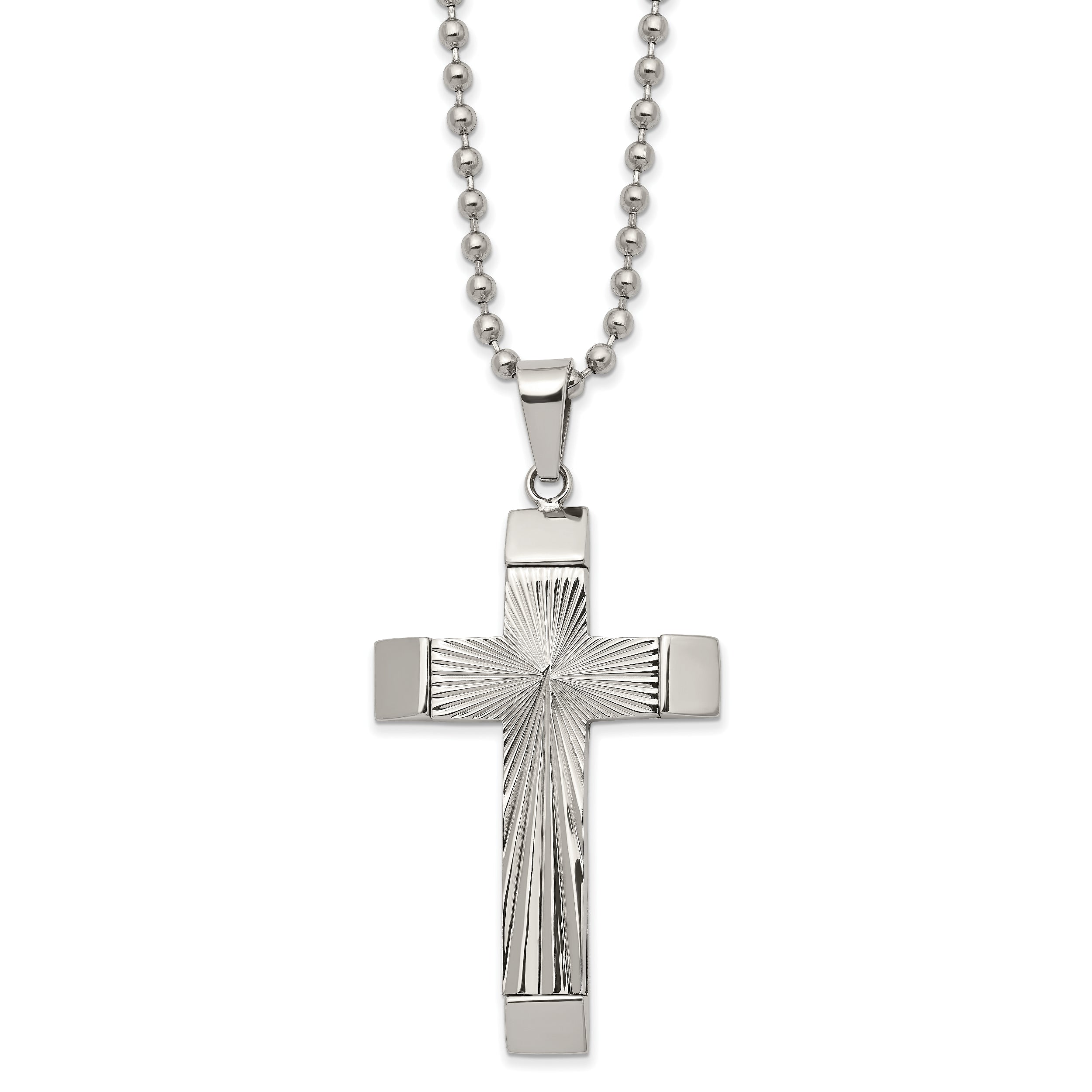 Chisel Stainless Steel Polished and Textured Starburst Cross Pendant on a 22 inch Ball Chain Necklace