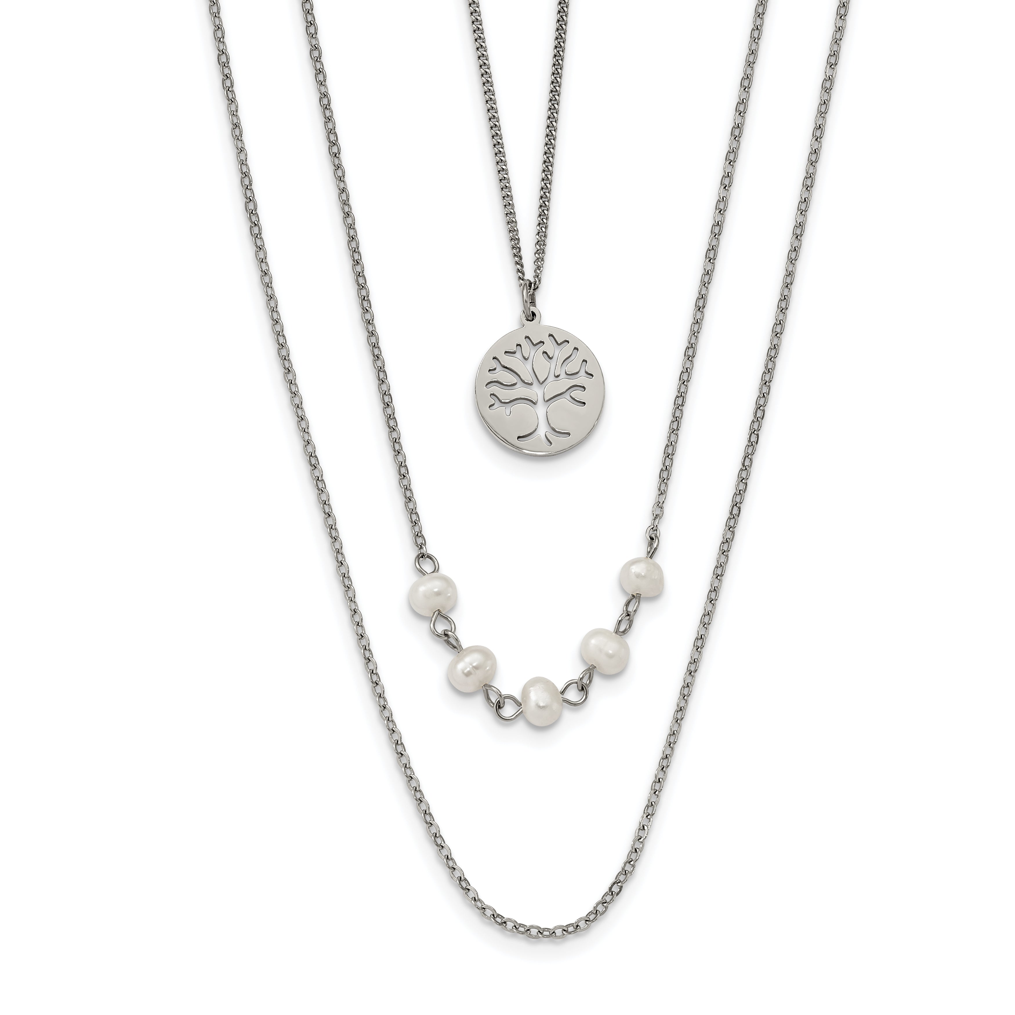 Chisel Stainless Steel Polished with Freshwater Cultured Pearls and Tree Pendant on 31 inch with 2 inch Extension Multi Chain Necklace