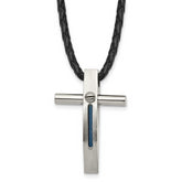 Chisel Stainless Steel Brushed and Polished Blue IP-plated Cable Cross Pendant on an 18 inch Leather Cord Necklace