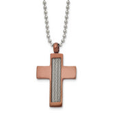 Chisel Stainless Steel Brushed Brown IP-plated with Cable Inlay Cross Pendant on a 24 inch Ball Chain Necklace