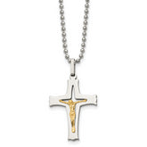 Chisel Stainless Steel Polished with 14k Gold Accent Crucifix Pendant on a 22 inch Ball Chain Necklace