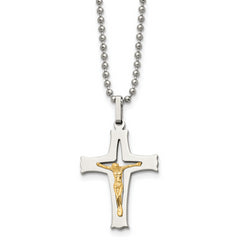 Chisel Stainless Steel Polished with 14k Gold Accent Crucifix Pendant on a 22 inch Ball Chain Necklace