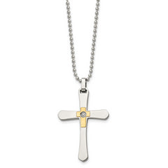 Chisel Stainless Steel Polished with 14k Gold Accent 1/2pt Diamond Cross Pendant on a 22 inch Ball Chain Necklace