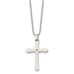 Chisel Stainless Steel Polished with 14k Gold Accent .02 carat Diamond Cross Pendant on a 22 inch Ball Chain Necklace