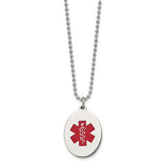 Chisel Stainless Steel Polished with Red Enamel Oval Medical ID Pendant on a 24 inch Ball Chain Necklace