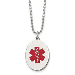 Chisel Stainless Steel Polished with Red Enamel Oval Medical ID Pendant on a 24 inch Ball Chain Necklace