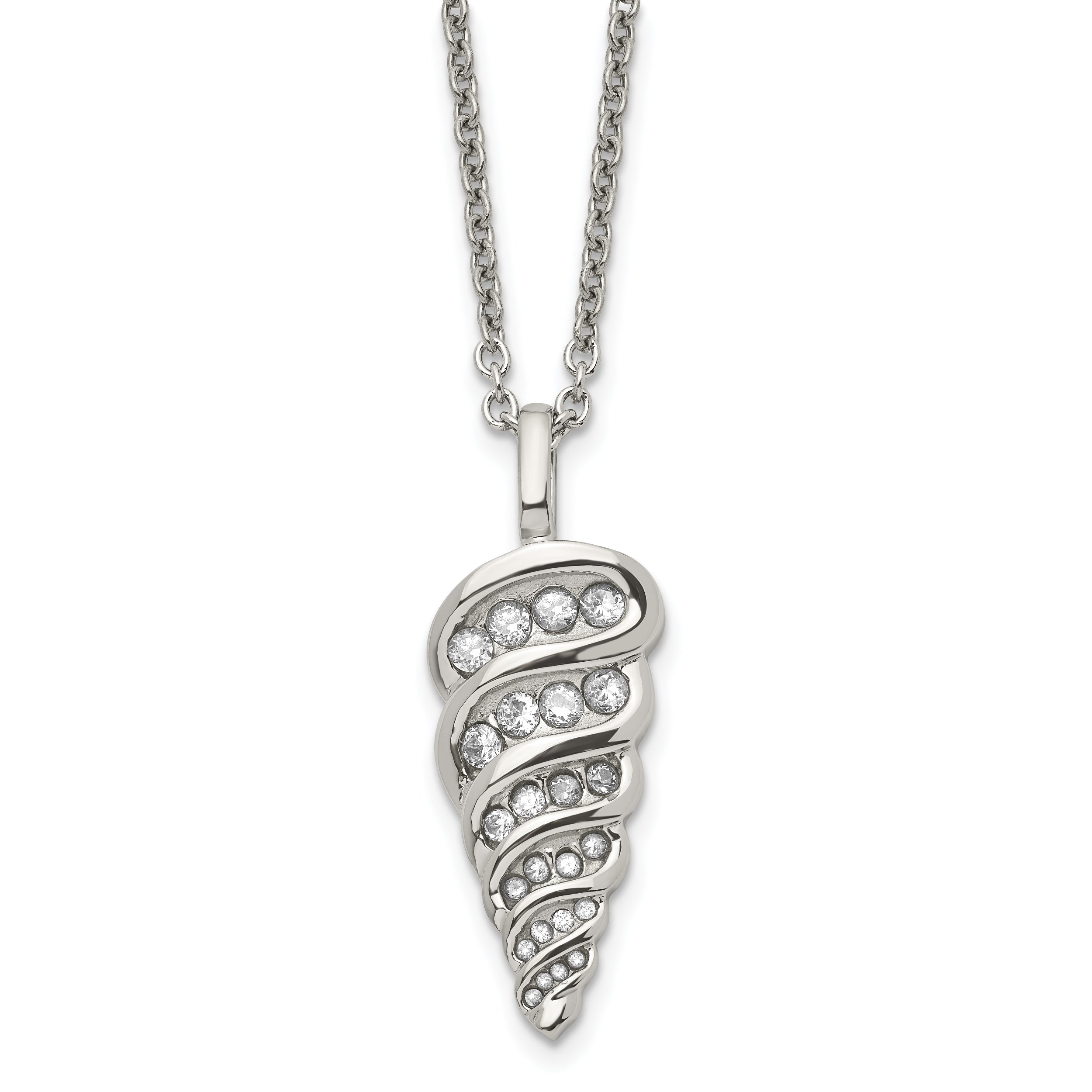 Stainless Steel Polished w/CZ Fancy Shell 22in Necklace