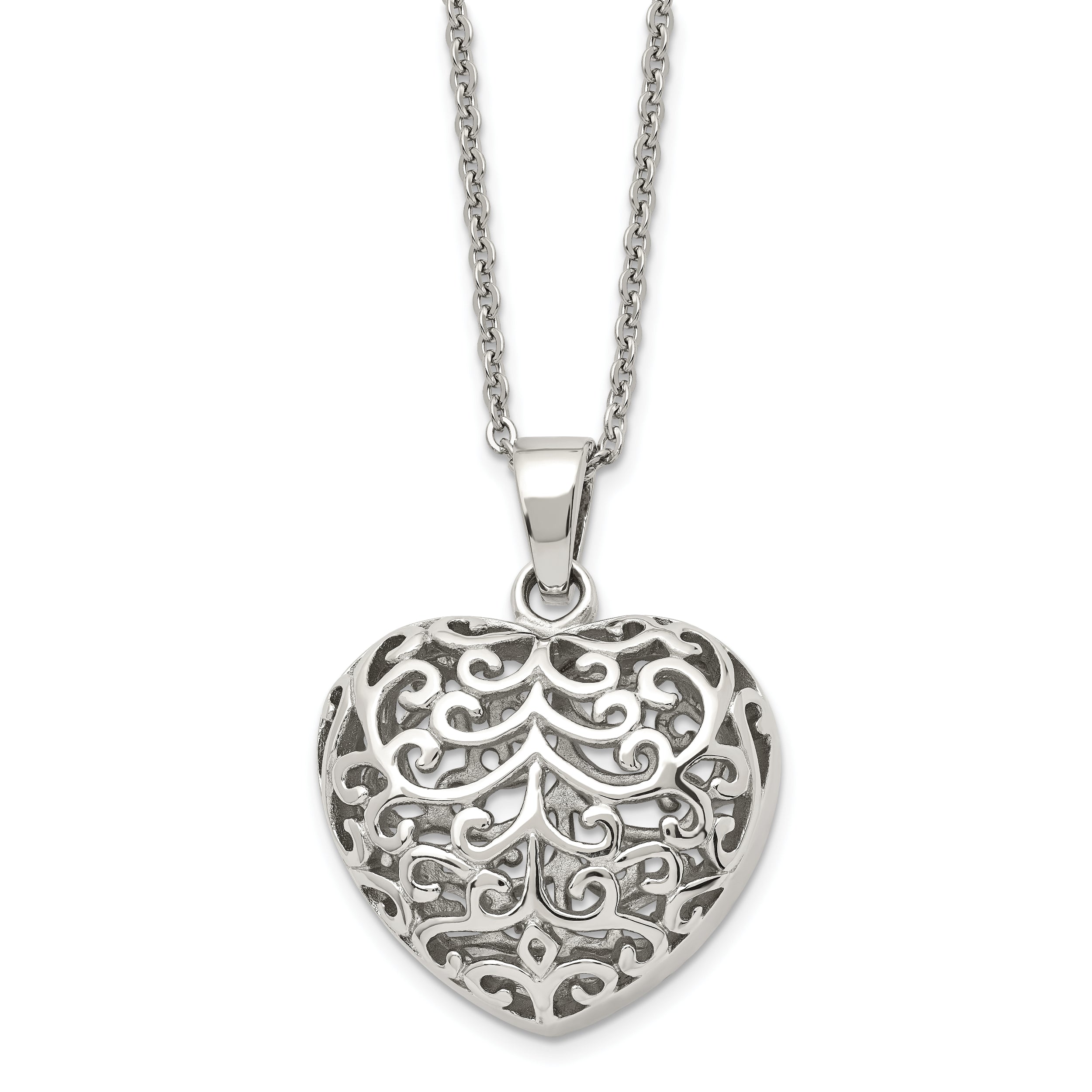 Chisel Stainless Steel Polished Filigree Puffed Heart Pendant on a 22 inch Cable Chain Necklace