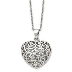 Chisel Stainless Steel Polished Filigree Puffed Heart Pendant on a 22 inch Cable Chain Necklace