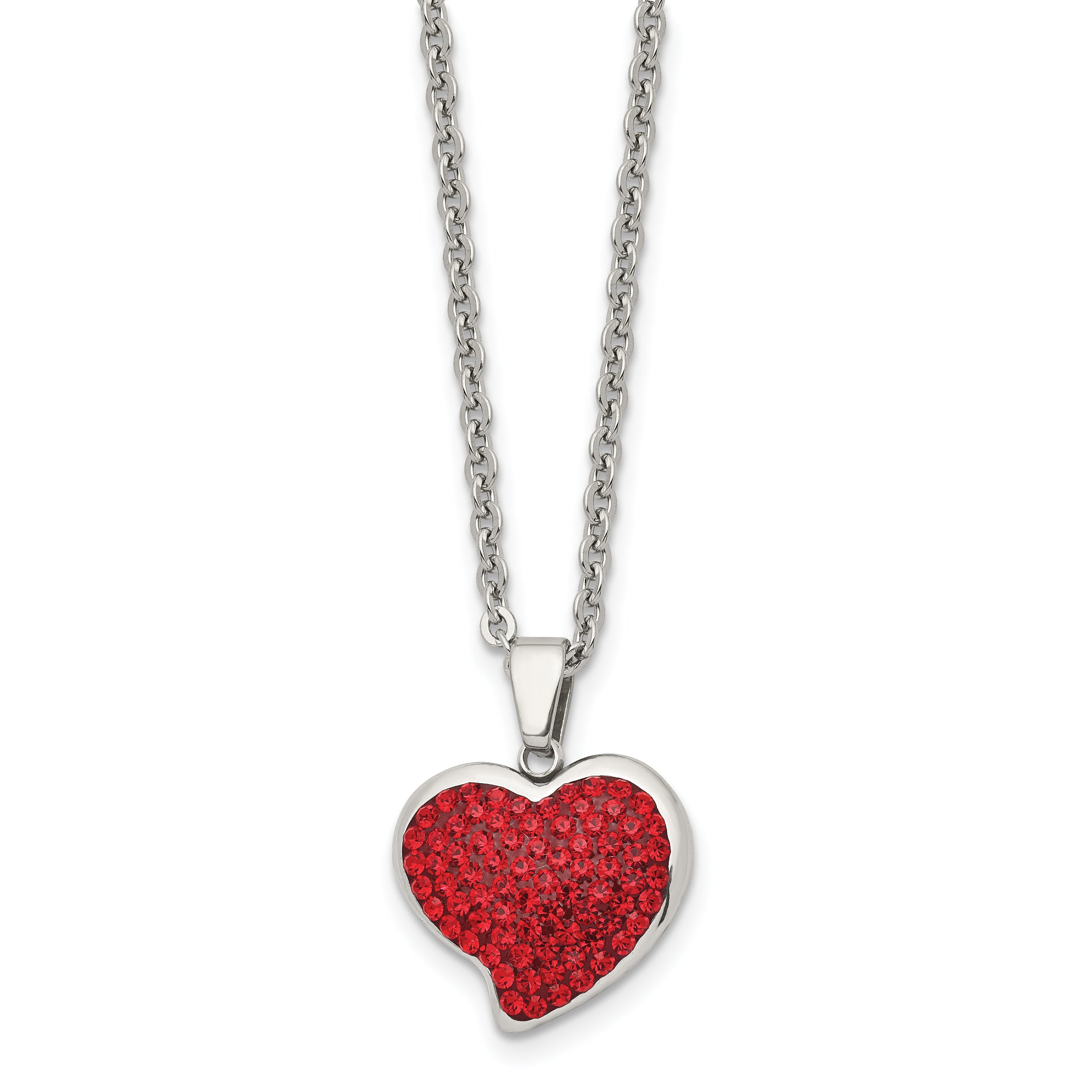 Chisel Stainless Steel Polished with Red Crystal Heart Pendant on a 22 inch Cable Chain Necklace
