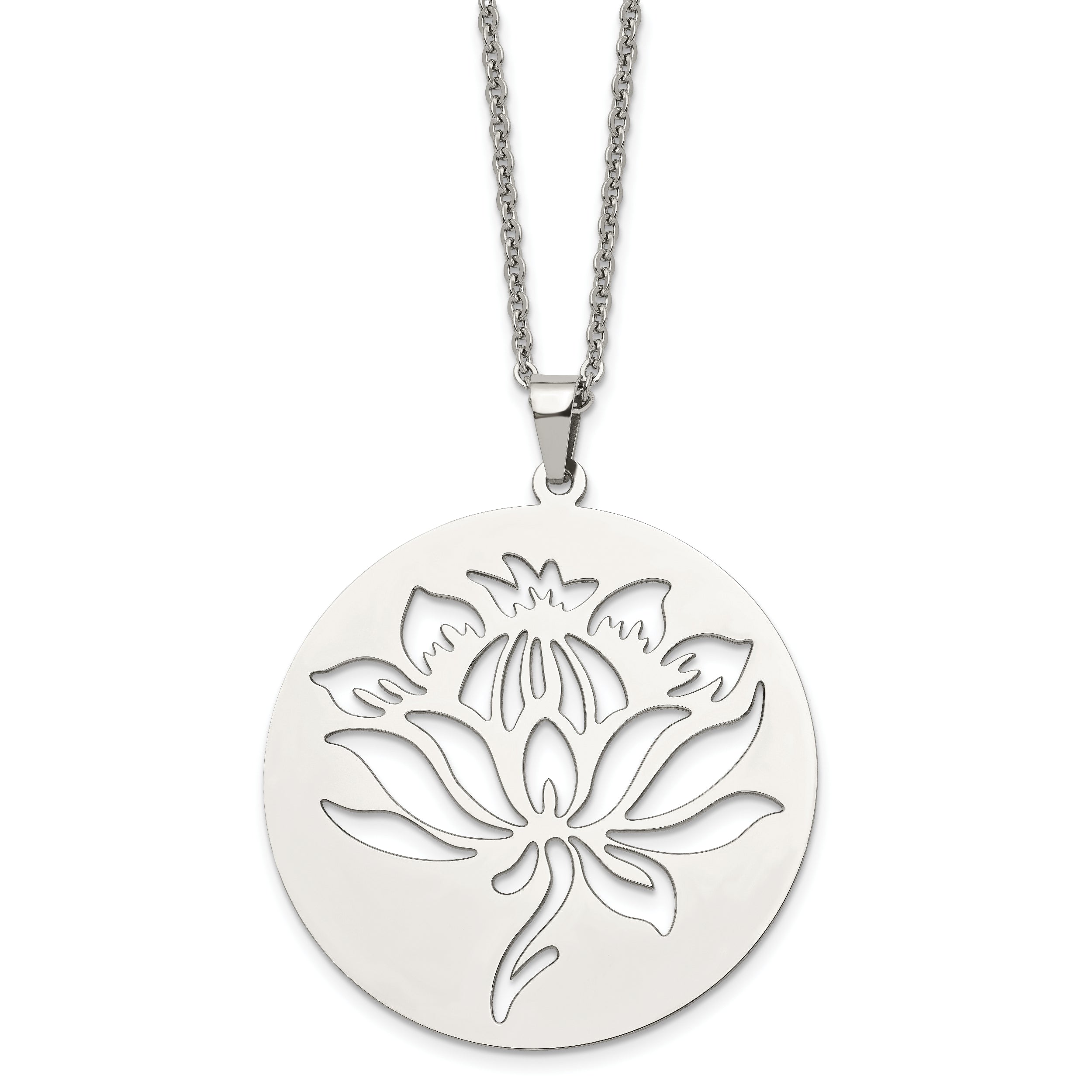 Chisel Stainless Steel Polished Flower Cut-out Circle Pendant on a 22 inch Cable Chain Necklace