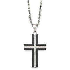 Chisel Stainless Steel Polished Black IP-plated Laser Cut Cross Pendant on a 24 inch Rope Chain Necklace