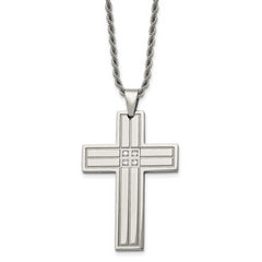 Chisel Stainless Steel Polished with CZ Grooved Cross Pendant on a 24 inch Rope Chain Necklace