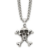 Chisel Stainless Steel Antiqued and Polished Skull and Crossbones Pendant on a 24 inch Curb Chain Necklace