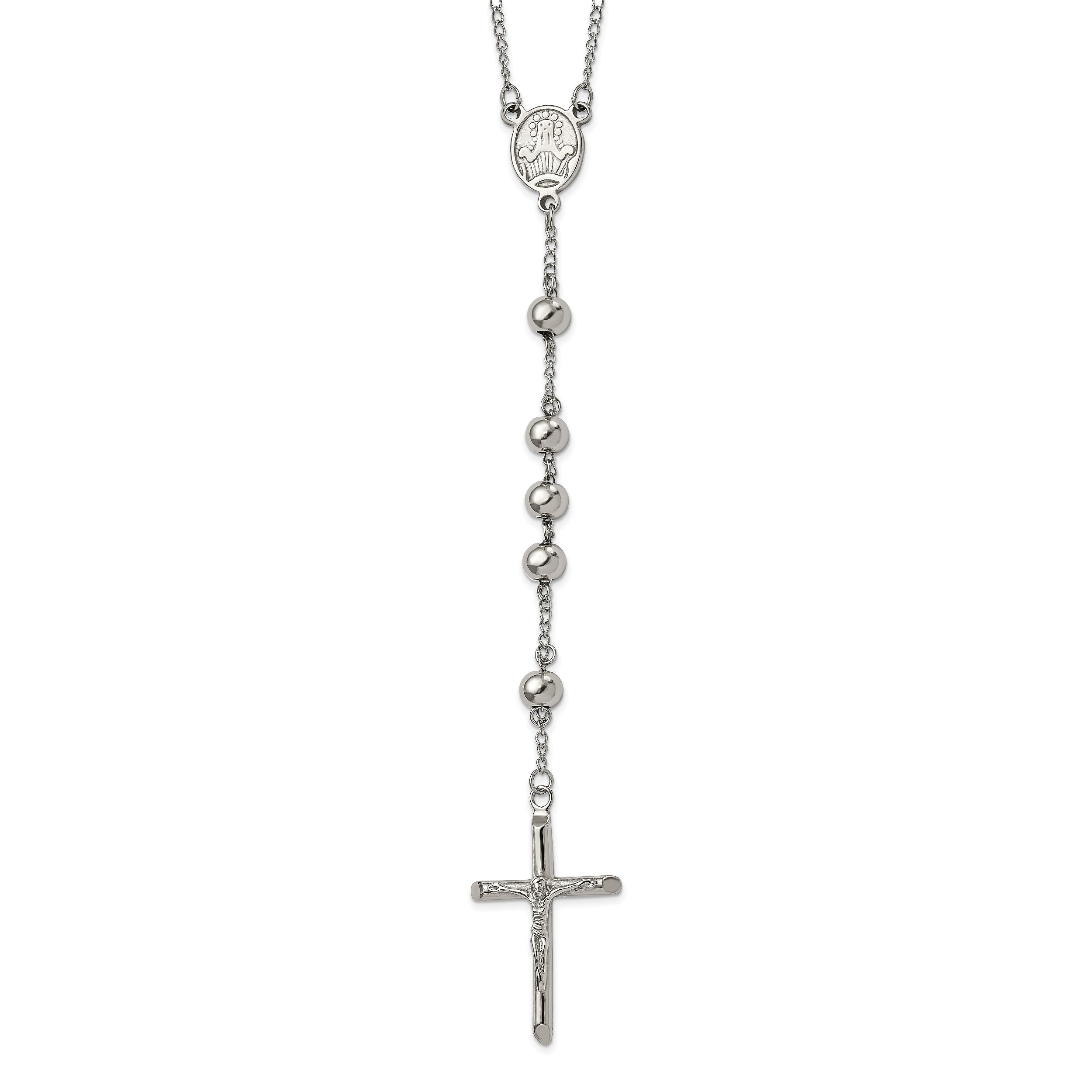 Chisel Stainless Steel Polished 8mm Beaded 32.5 inch Rosary Necklace
