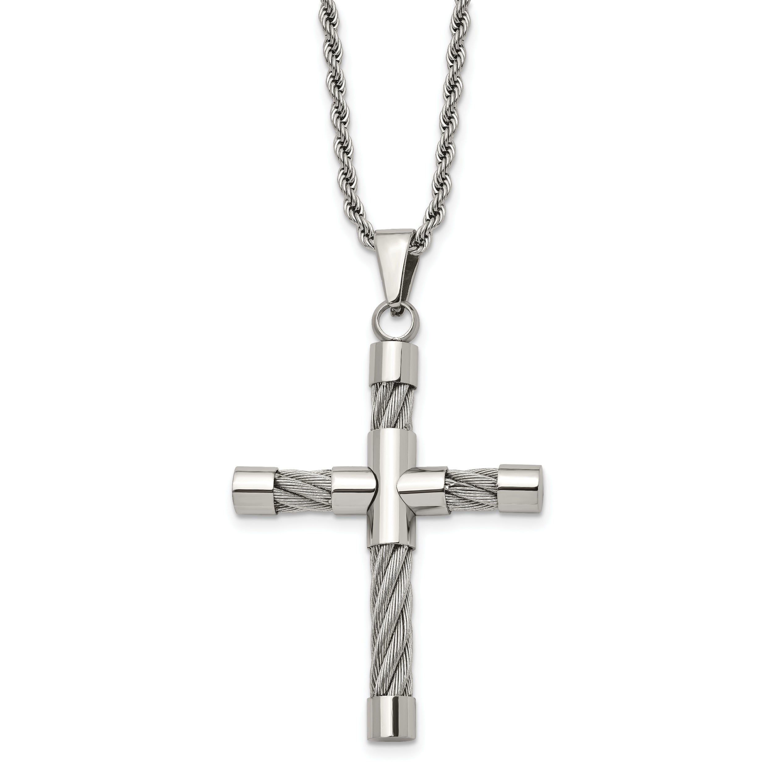 Chisel Stainless Steel Polished and Textured with Cable Cross Pendant on a 22 inch Rope Chain Necklace