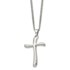 Chisel Stainless Steel Polished Wavy Cross Pendant on a 22 inch Curb Chain Necklace