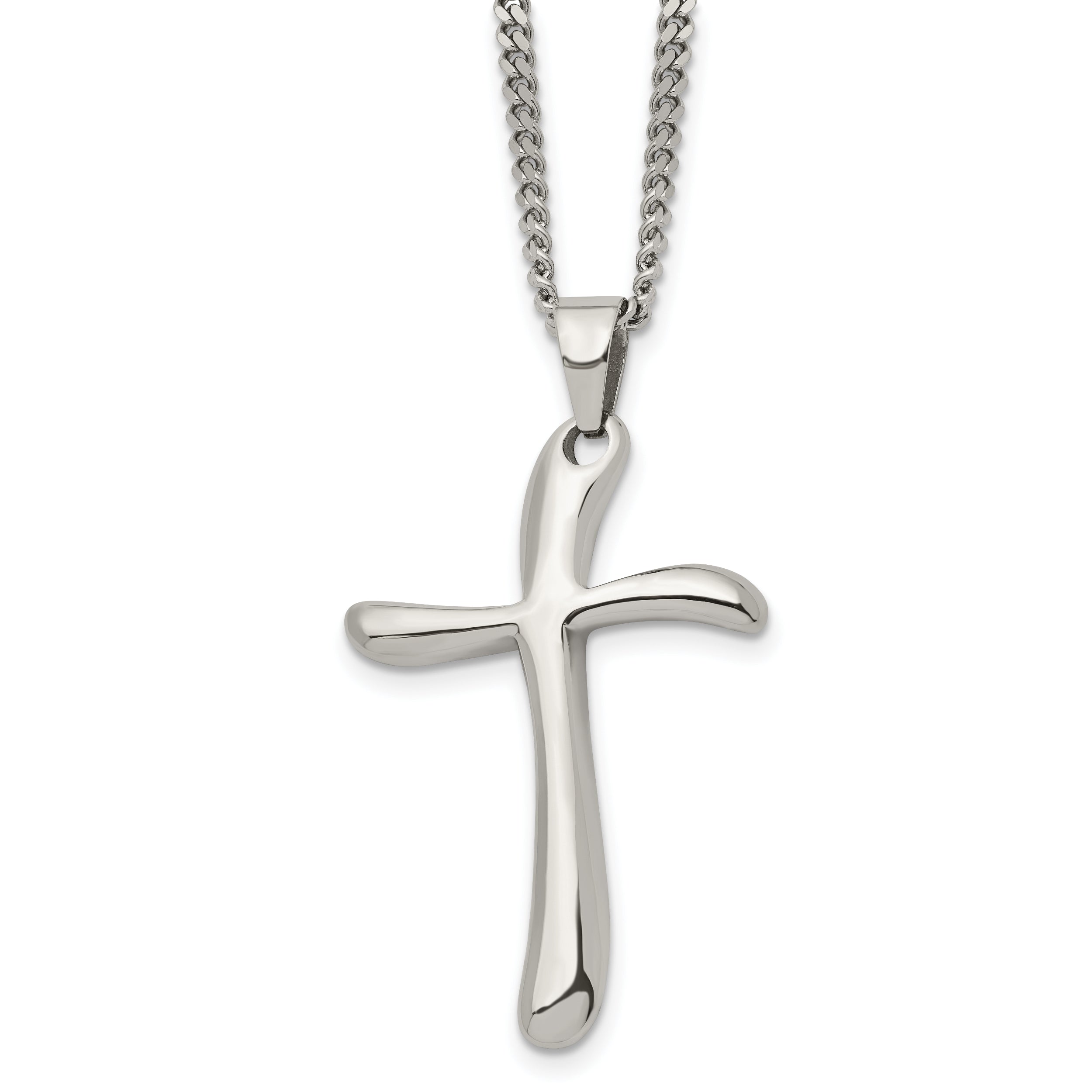 Chisel Stainless Steel Polished Wavy Cross Pendant on a 22 inch Curb Chain Necklace
