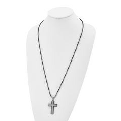 Chisel Stainless Steel Polished Black IP-plated Edges with CZ Cross Pendant on a 30 inch Ball Chain Necklace