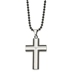 Chisel Stainless Steel Polished Black IP-plated Edges with CZ Cross Pendant on a 30 inch Ball Chain Necklace