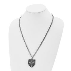 Chisel Stainless Steel Antiqued Polished and Textured Cross Shield Pendant on a 24 inch Curb Chain Necklace