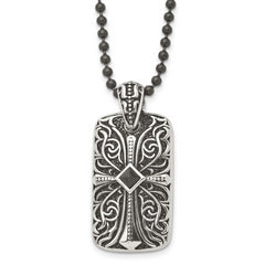 Stainless Steel Antiqued and Polished w/Black Agate Cross DogTag 30in Neckl