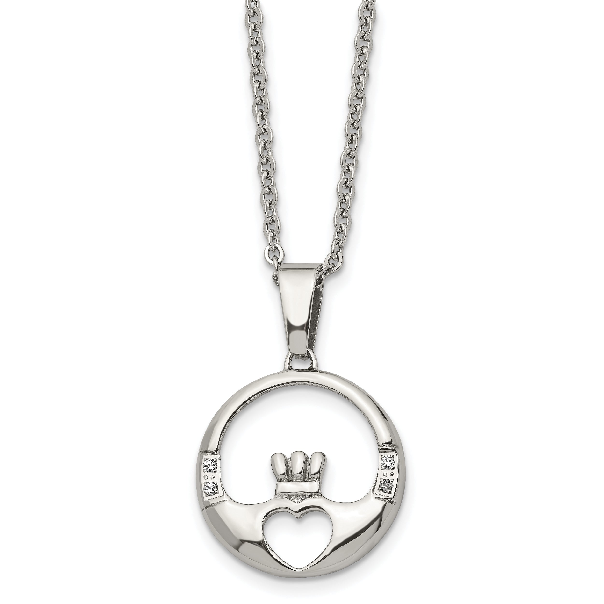 Chisel Stainless Steel Polished with CZ Claddagh Pendant on a 20 inch Cable Chain Necklace