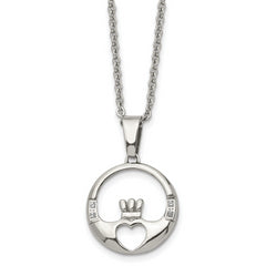 Chisel Stainless Steel Polished with CZ Claddagh Pendant on a 20 inch Cable Chain Necklace