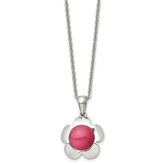 Chisel Stainless Steel Polished Flower with Pink Cat's Eye Pendant on an 18 inch Cable Chain Necklace