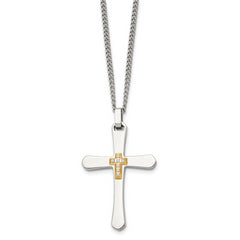 Chisel Stainless Steel Polished with 14k Gold Accent 1/15 carat Diamond Cross Pendant on a 22 inch Curb Chain Necklace