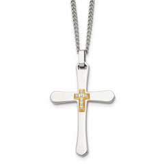 Chisel Stainless Steel Polished with 14k Gold Accent 1/15 carat Diamond Cross Pendant on a 22 inch Curb Chain Necklace