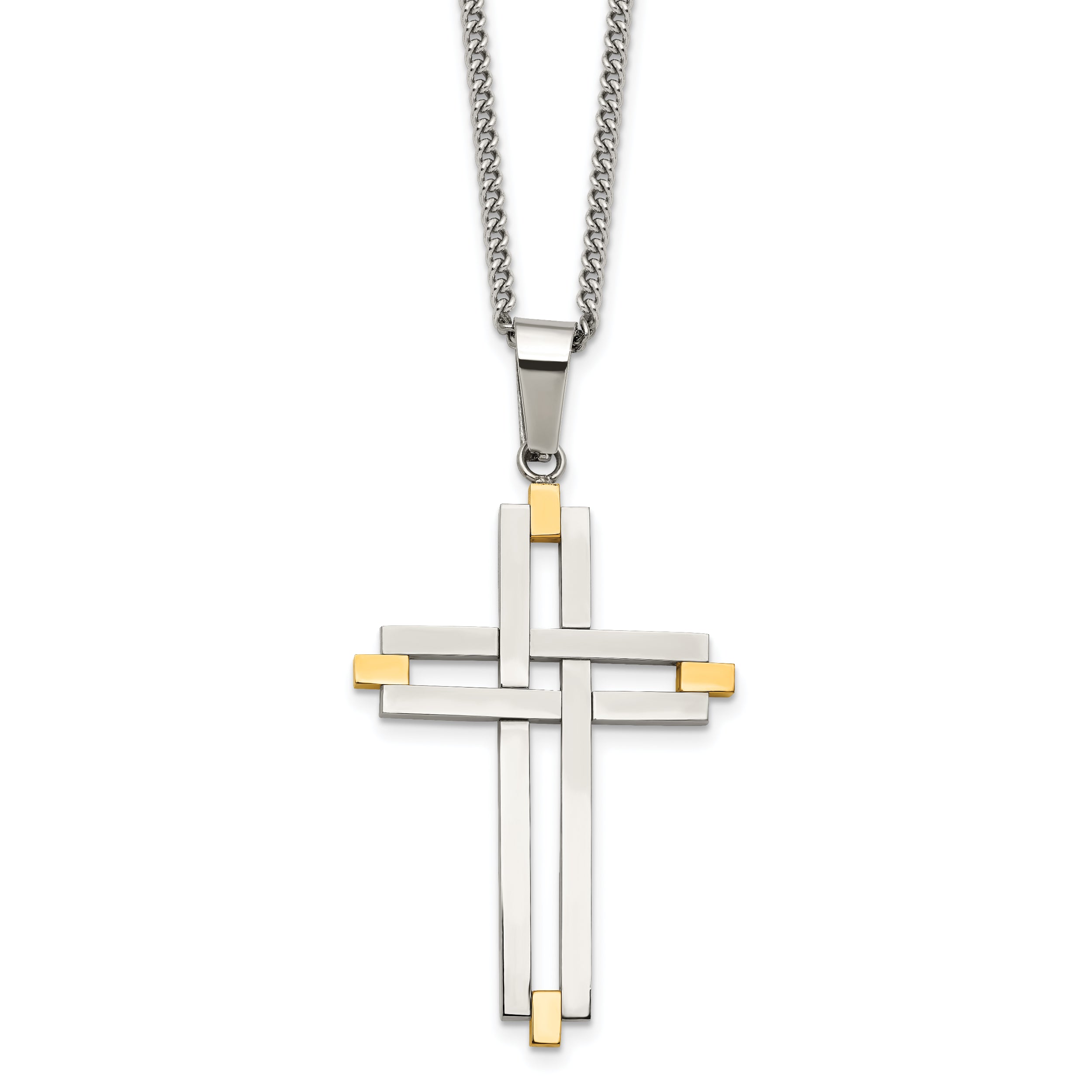 Chisel Stainless Steel Polished Yellow IP-plated Cross Pendant on a 22 inch Curb Chain Necklace