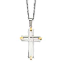 Chisel Stainless Steel Polished Yellow IP-plated Cross Pendant on a 22 inch Curb Chain Necklace