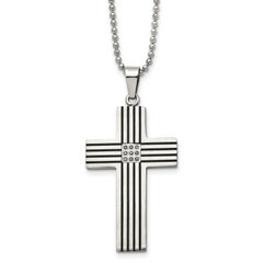 Chisel Stainless Steel Polished Black IP-plated 1/20 carat Black Diamond Striped Cross Pendant on a 22 inch Ball Chain Necklace
