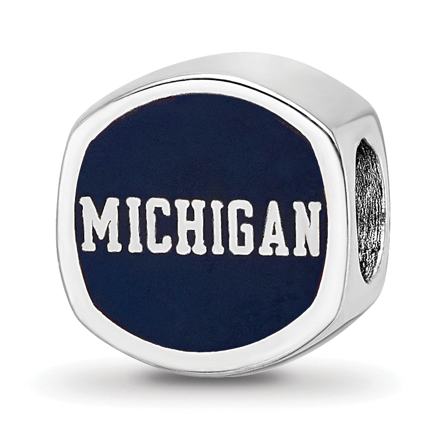 Sterling Silver Rhodium-plated LogoArt University of Michigan Double Logo Blue Enameled Bead