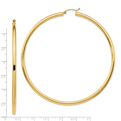 14k Polished 3x80mm Round Tube Hoop Earrings