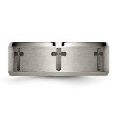 Titanium Wedding Band with Laser Cross Design and Beveled Edge
