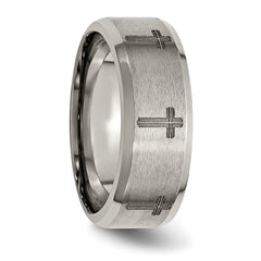 Titanium Wedding Band with Laser Cross Design and Beveled Edge