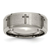 Titanium Brushed and Polished Cross Laser Design 8mm Beveled Edge Band