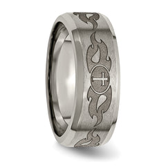 Titanium Wedding Band with Laser Cross Design and Beveled Edge