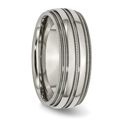 Titanium 8mm Polished Unisex Wedding Band with Grooved Beaded Edge