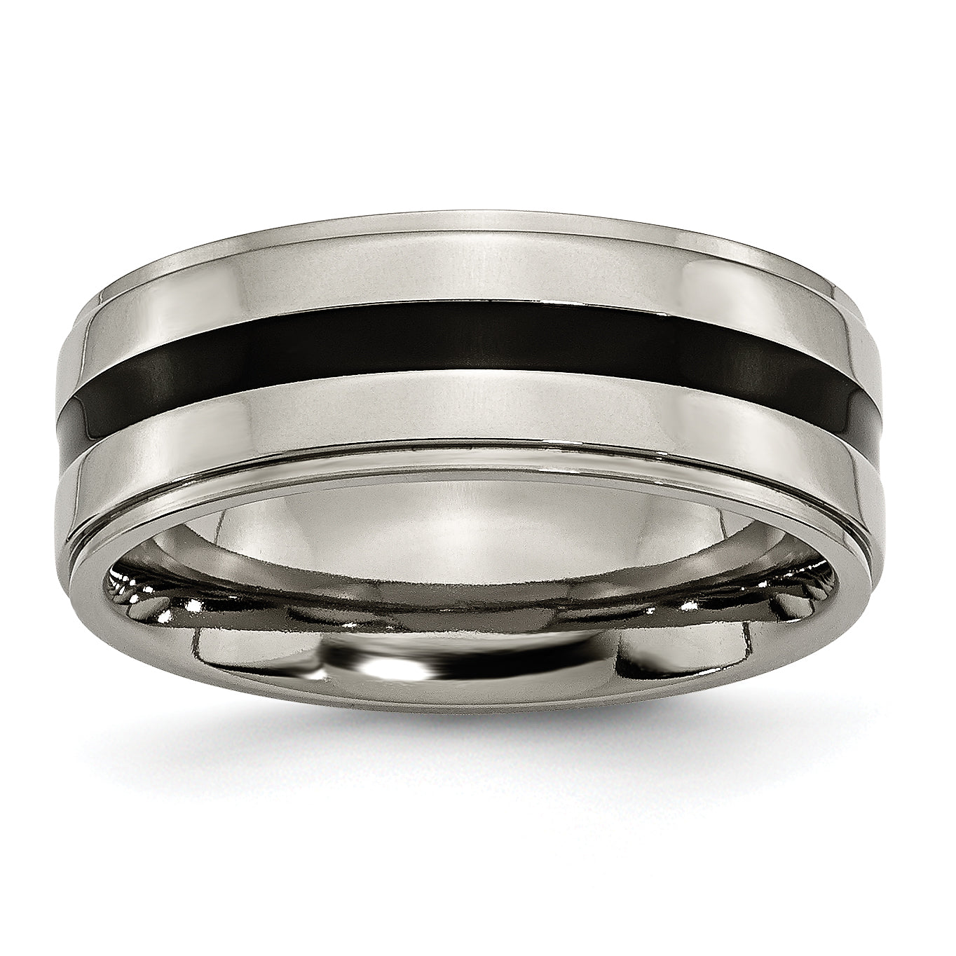 Titanium Polished Black Enamel 8mm Ridged Edge Band