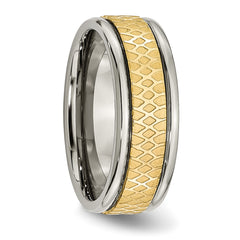 Titanium Unisex Brushed Wedding Band with Gold Tone Ridged Edge